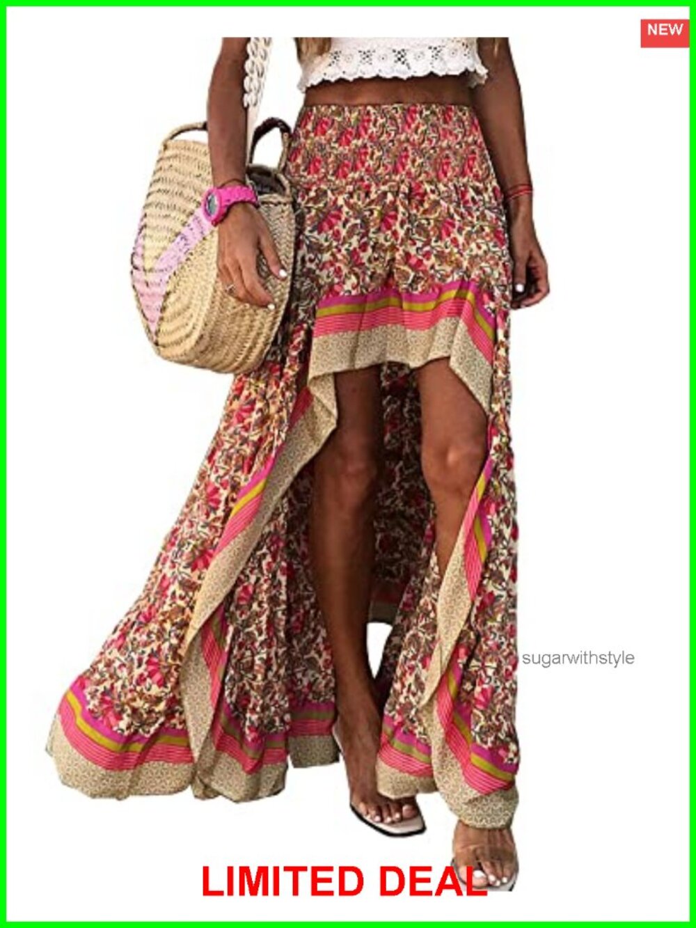 Boho High Low Maxi Skirt Lightweight Flowy Polyester Elastic Waist